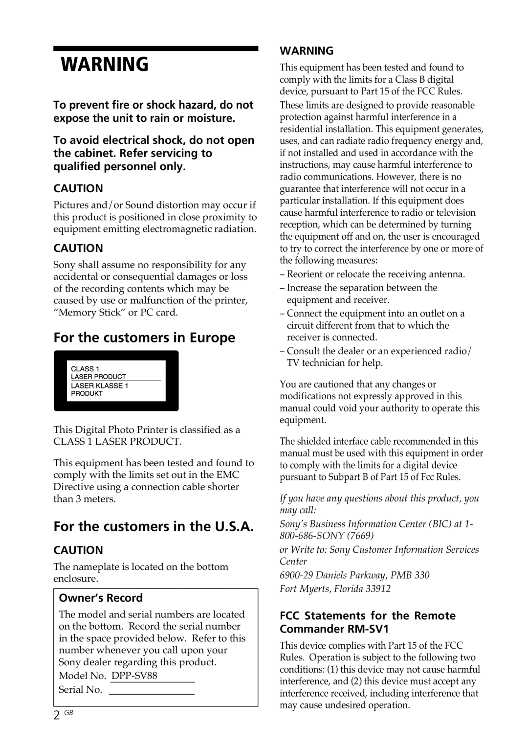 Sony DPP-SV88 operating instructions Owner’s Record, FCC Statements for the Remote Commander RM-SV1 