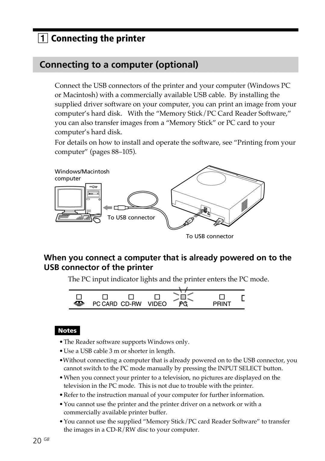 Sony DPP-SV88 operating instructions Connecting the printer Connecting to a computer optional, 20 GB 