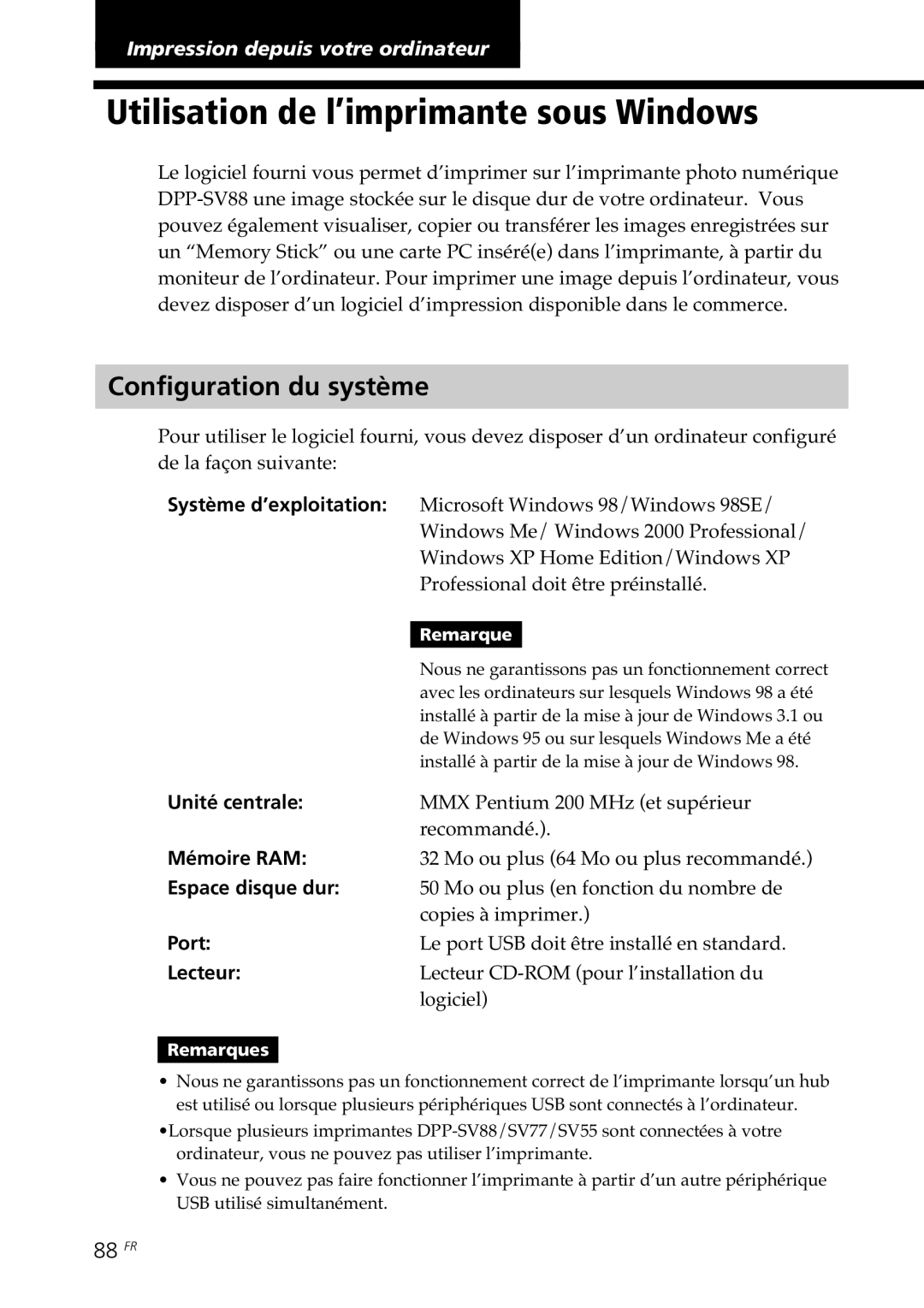 Sony DPP-SV88 operating instructions Utilisation de l’imprimante sous Windows, 88 FR 