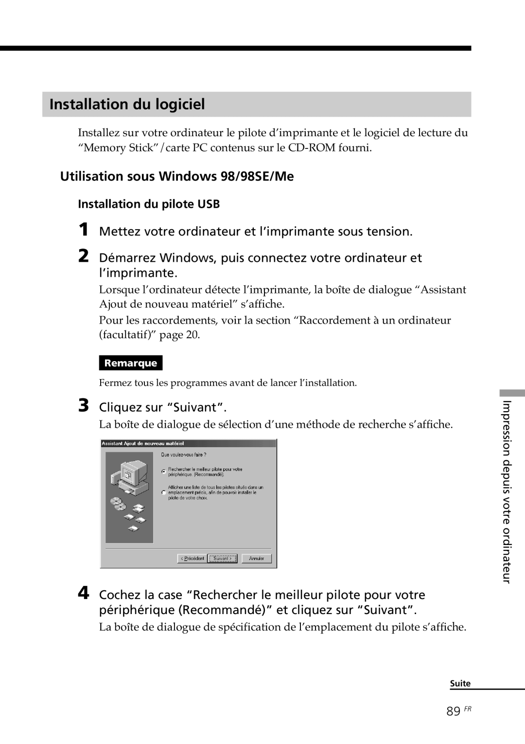 Sony DPP-SV88 Installation du logiciel, Utilisation sous Windows 98/98SE/Me, Installation du pilote USB, 89 FR 