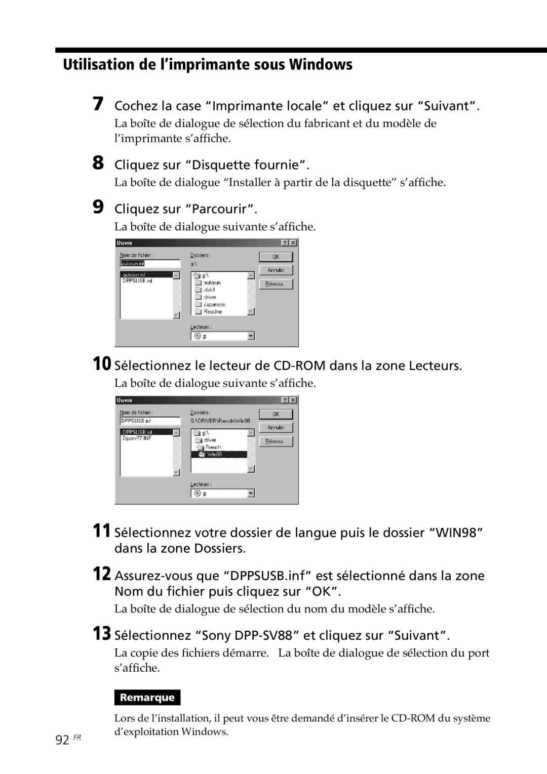 Sony DPP-SV88 operating instructions Cochez la case Imprimante locale et cliquez sur Suivant, Cliquez sur Disquette fournie 