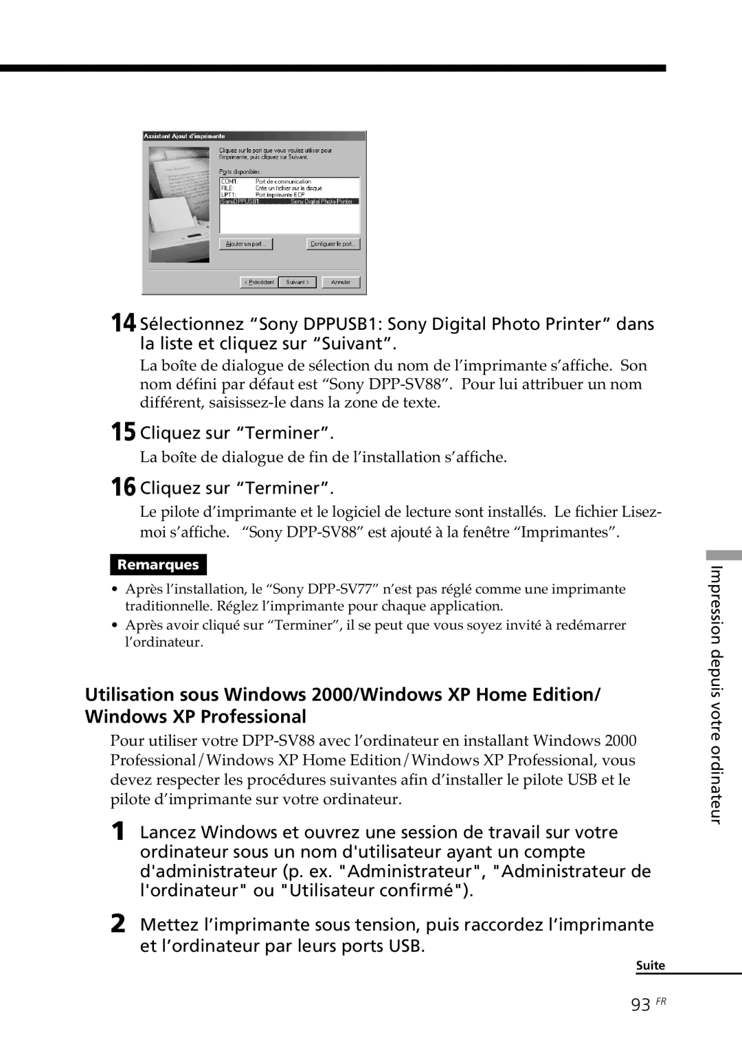 Sony DPP-SV88 operating instructions 93 FR, La boîte de dialogue de fin de l’installation s’affiche 