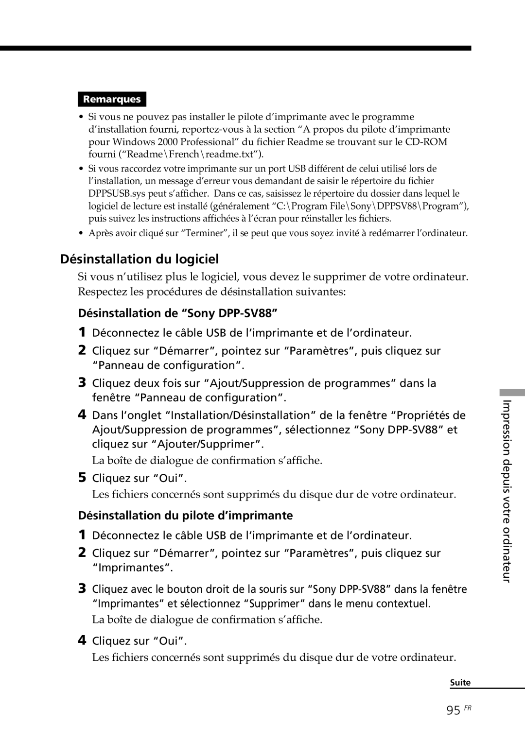 Sony Désinstallation du logiciel, Désinstallation de Sony DPP-SV88, Désinstallation du pilote d’imprimante, 95 FR 