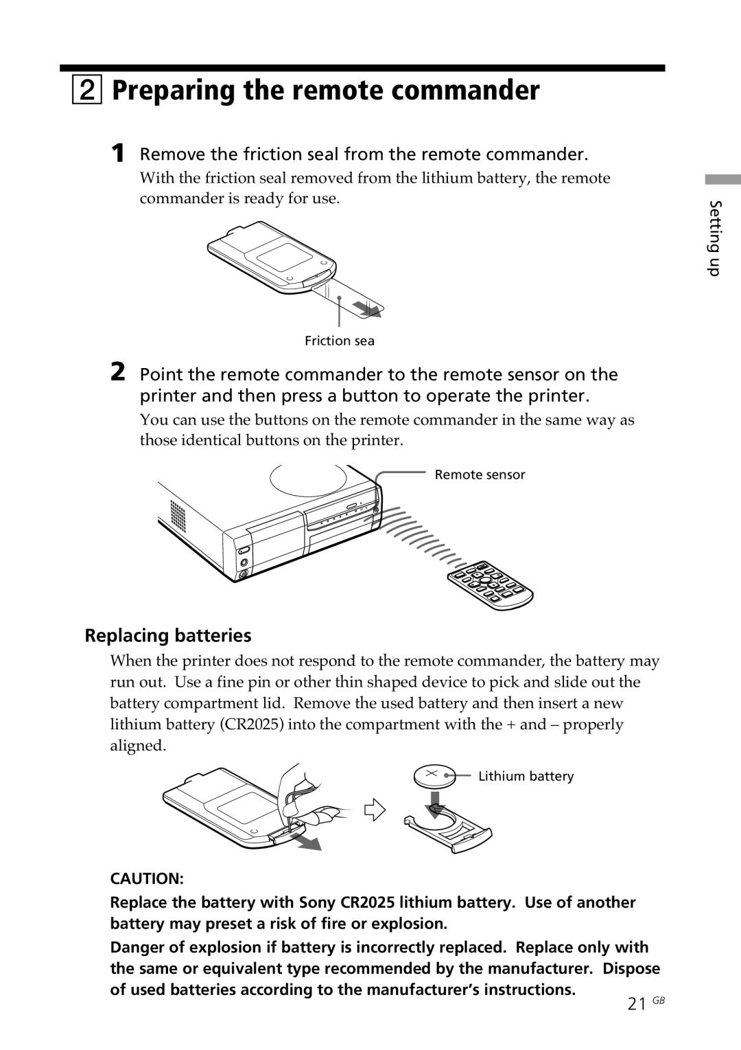 Sony DPP-SV88 Preparing the remote commander, Replacing batteries, Remove the friction seal from the remote commander 