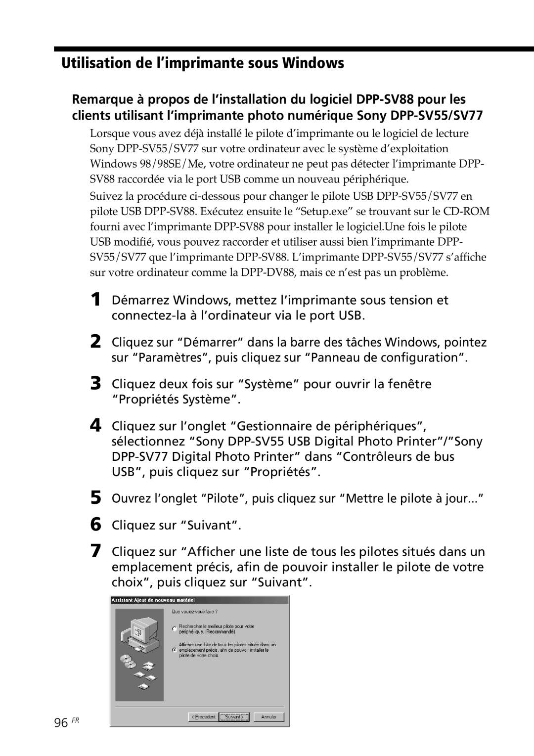 Sony DPP-SV88 operating instructions Utilisation de l’imprimante sous Windows 