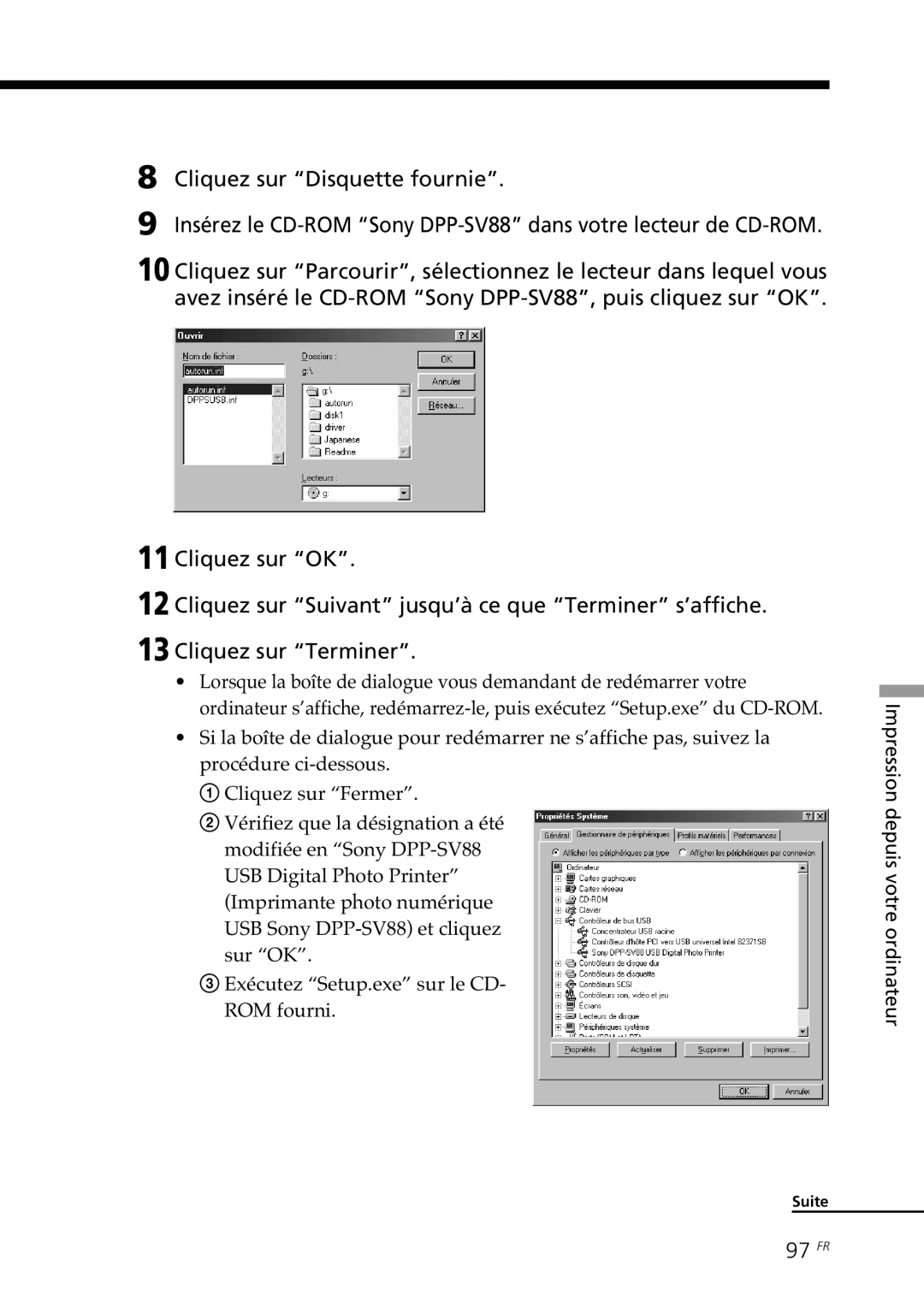 Sony DPP-SV88 operating instructions Cliquez sur Disquette fournie, 97 FR 