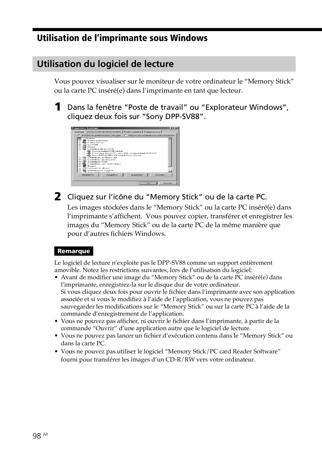 Sony DPP-SV88 operating instructions 98 FR 