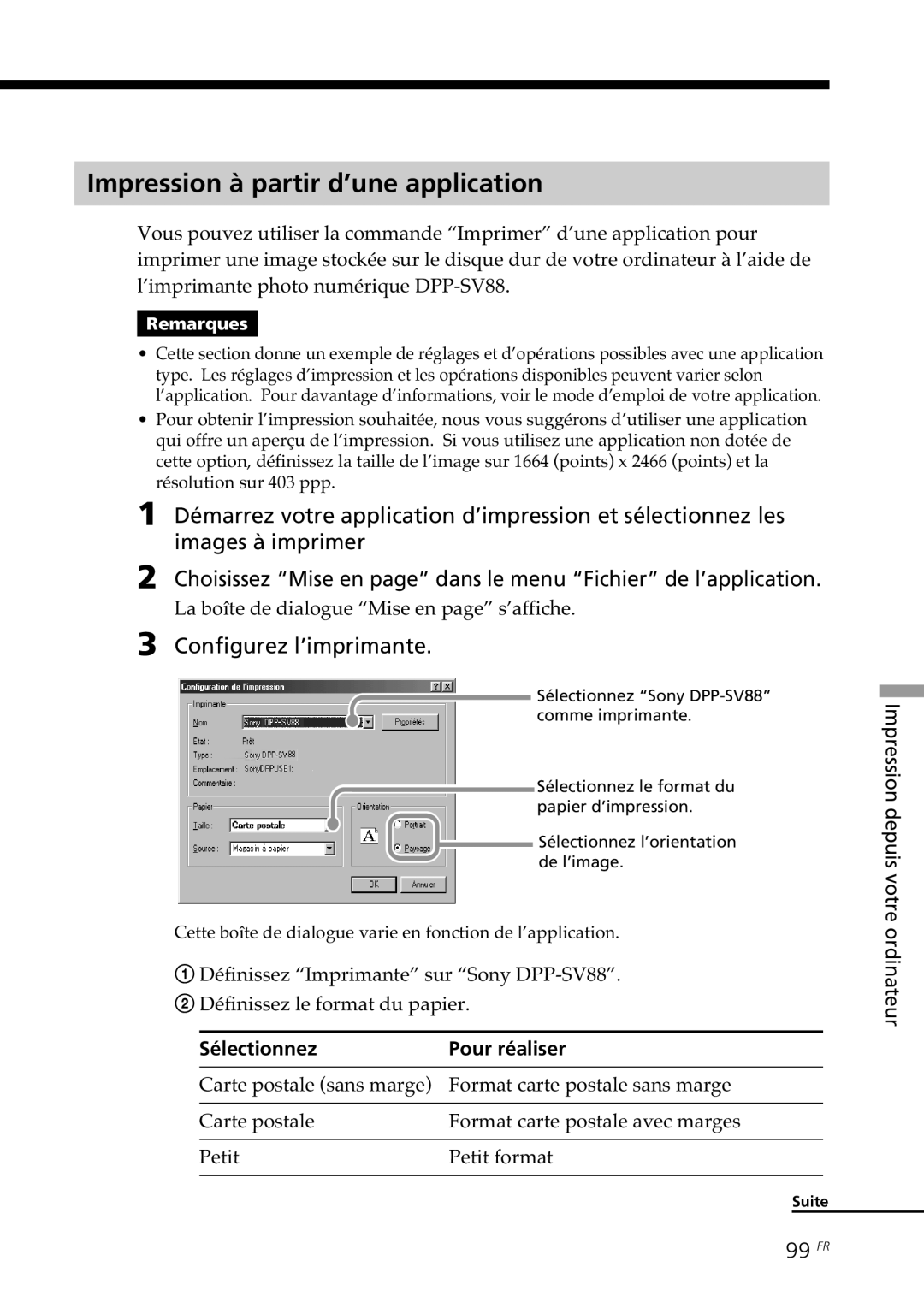 Sony DPP-SV88 Impression à partir d’une application, Configurez l’imprimante, 99 FR, Sélectionnez Pour réaliser 