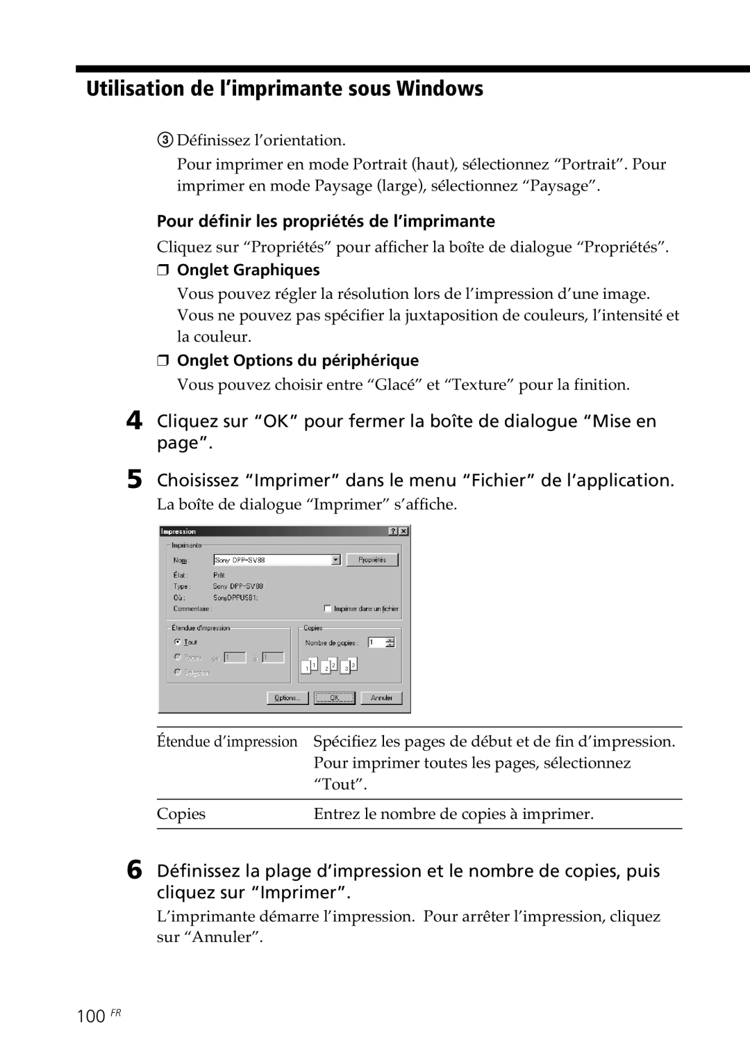 Sony DPP-SV88 Pour définir les propriétés de l’imprimante, 100 FR, Onglet Graphiques, Onglet Options du périphérique 