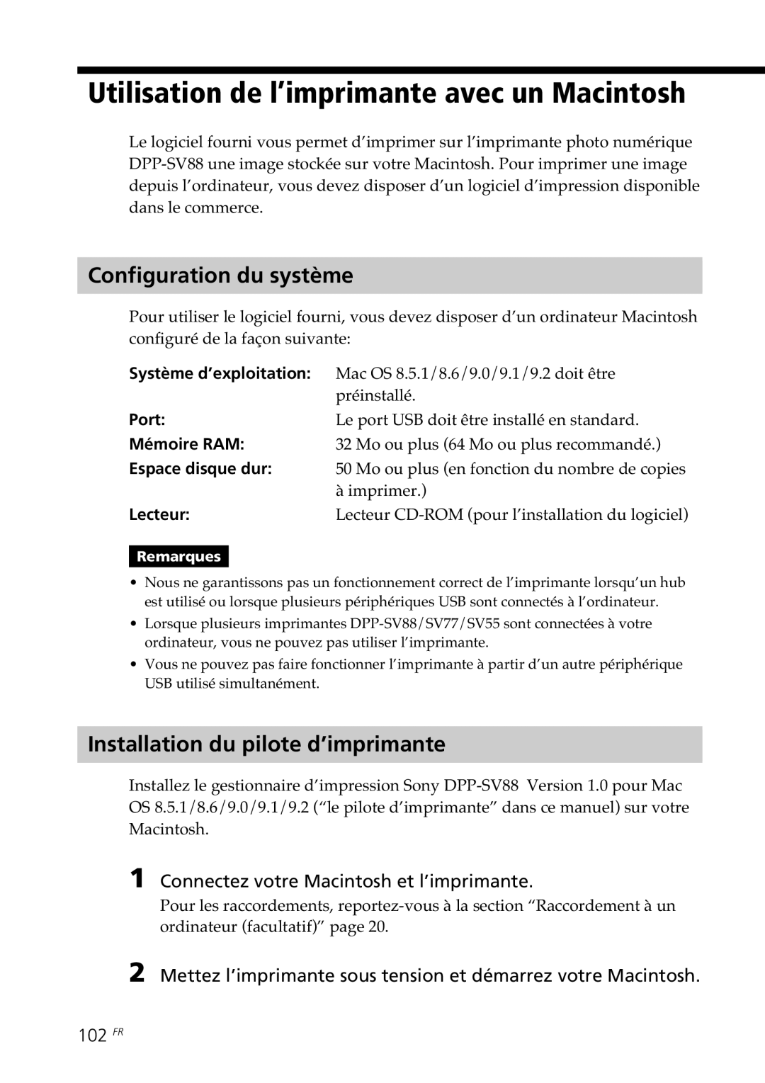 Sony DPP-SV88 operating instructions Utilisation de l’imprimante avec un Macintosh, Installation du pilote d’imprimante 