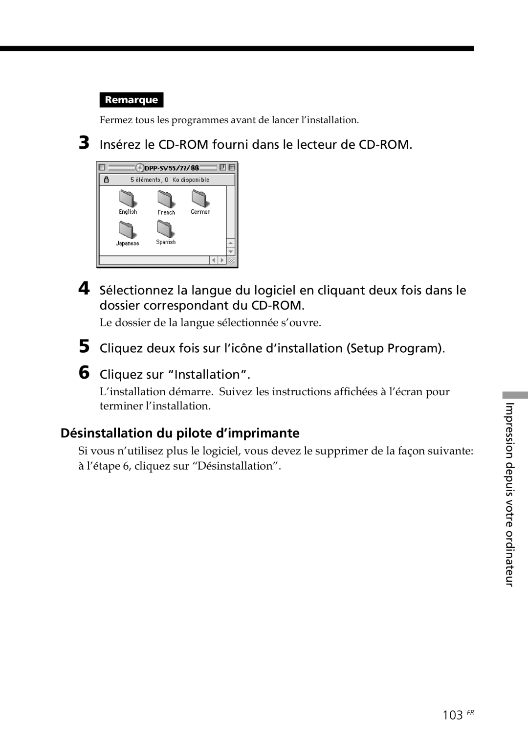 Sony DPP-SV88 Désinstallation du pilote d’imprimante, 103 FR, Le dossier de la langue sélectionnée s’ouvre 