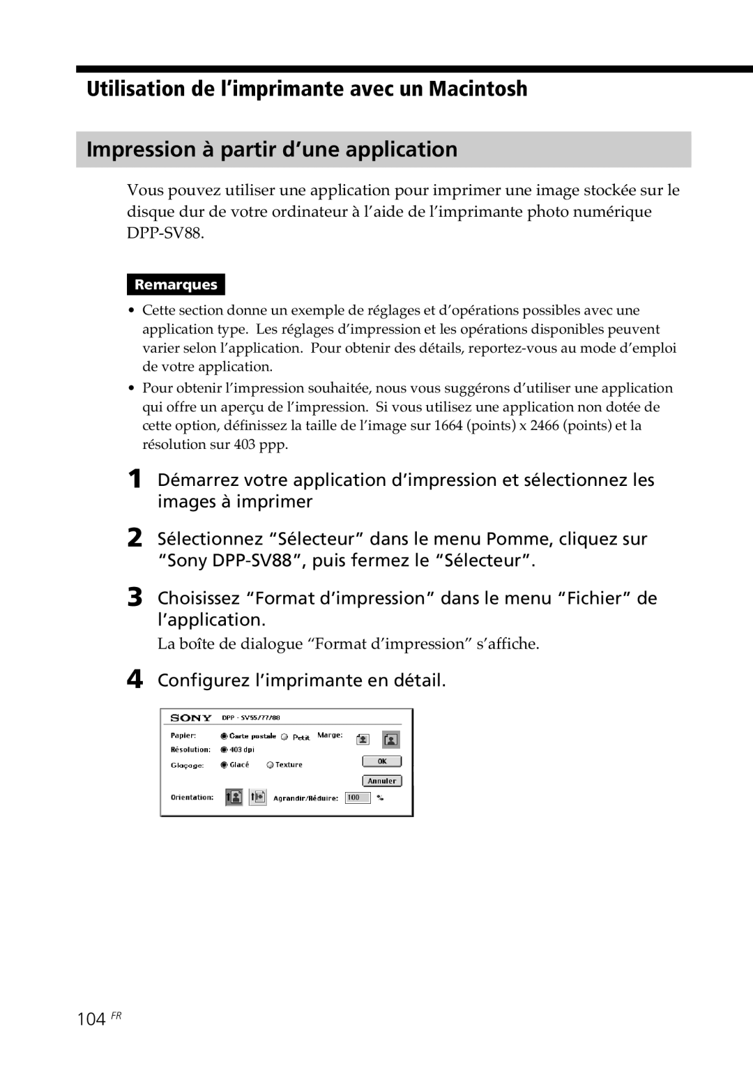 Sony DPP-SV88 Configurez l’imprimante en détail 104 FR, La boîte de dialogue Format d’impression s’affiche 