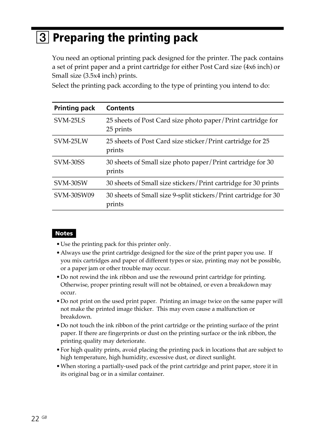 Sony DPP-SV88 operating instructions Preparing the printing pack, 22 GB, Printing pack 