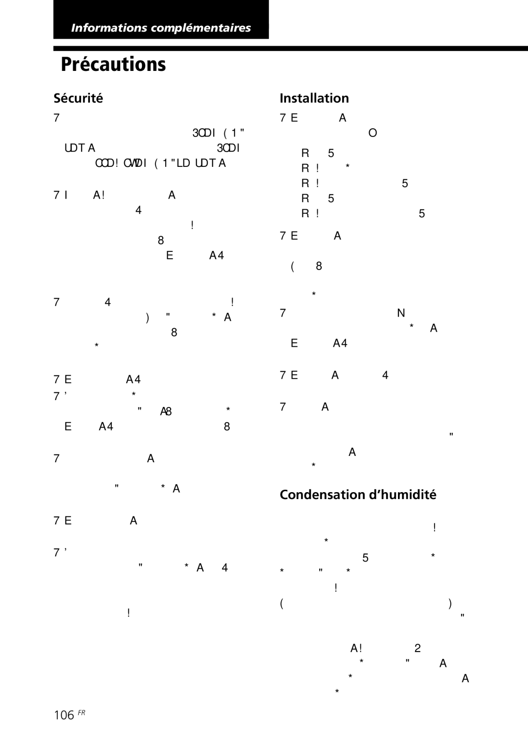 Sony DPP-SV88 operating instructions Précautions, Sécurité, Installation, Condensation d’humidité, 106 FR 