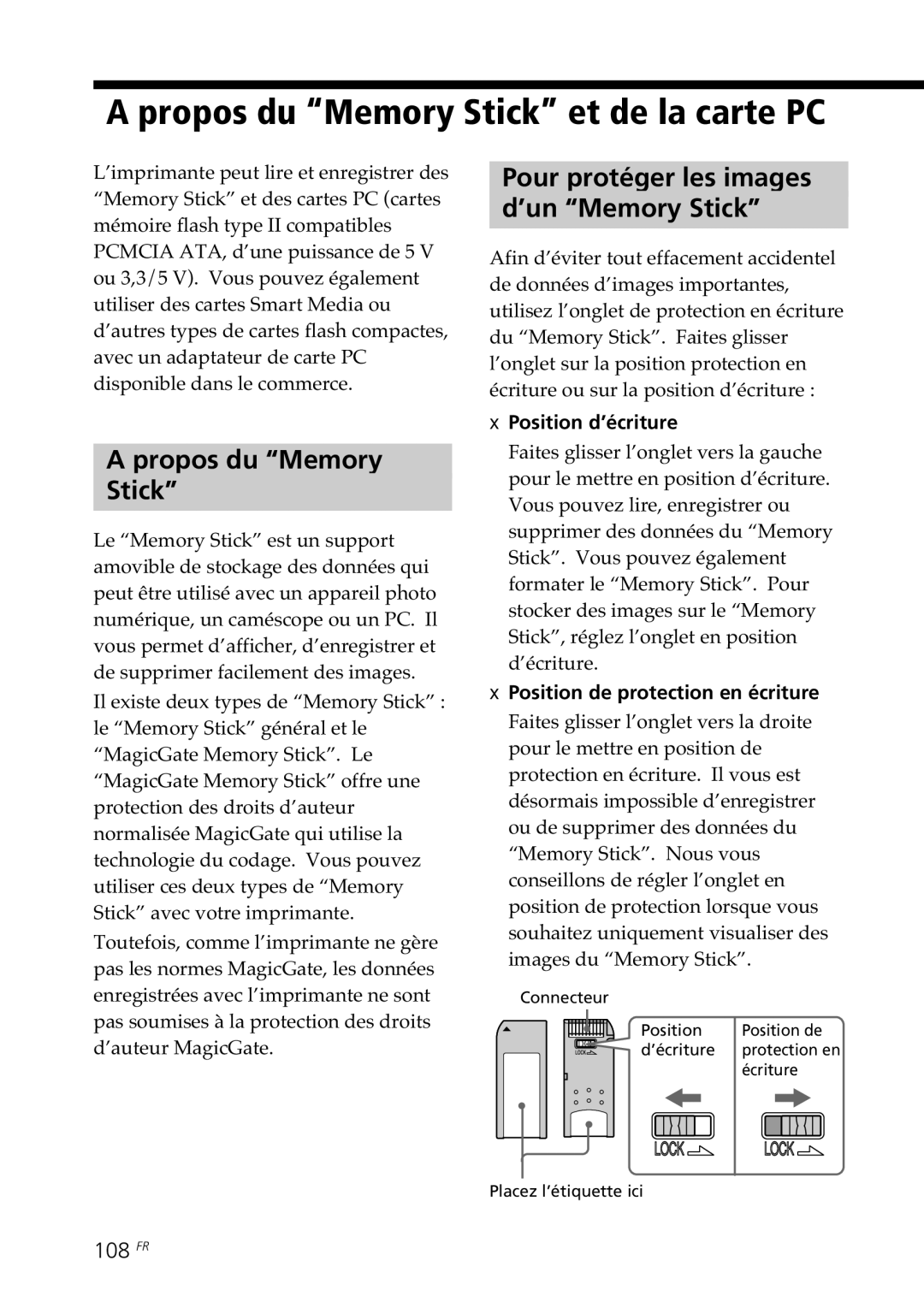 Sony DPP-SV88 Propos du Memory Stick et de la carte PC, Pour protéger les images ’un Memory Stick, 108 FR 