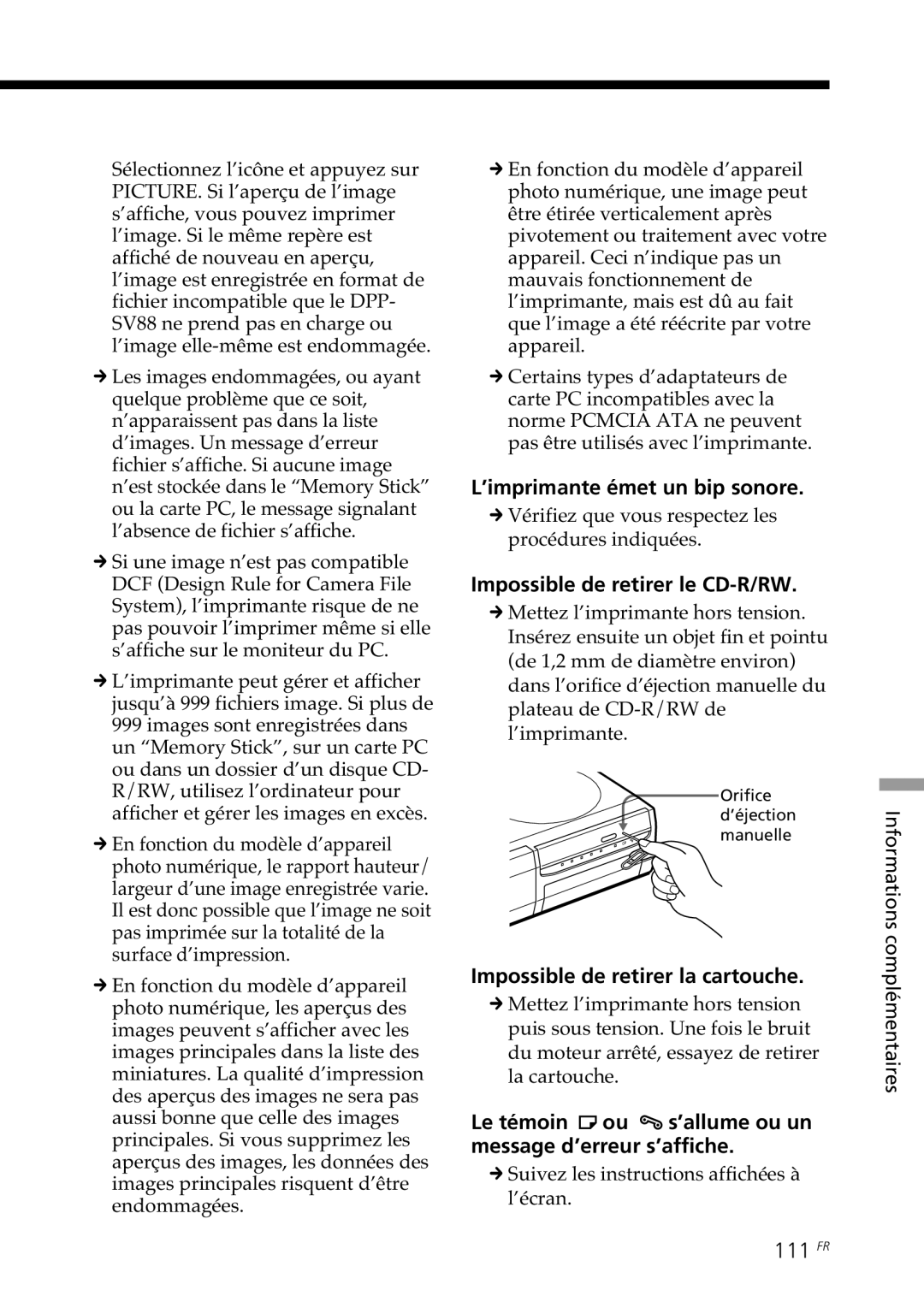 Sony DPP-SV88 ’imprimante émet un bip sonore, Impossible de retirer le CD-R/RW, Impossible de retirer la cartouche, 111 FR 