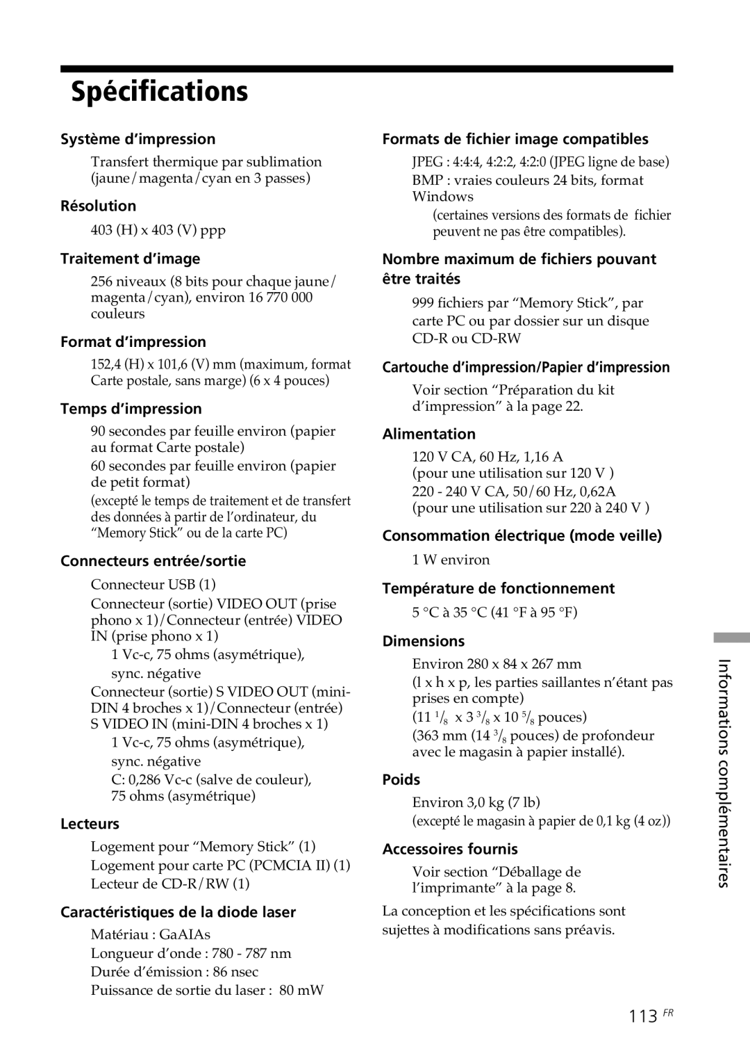 Sony DPP-SV88 operating instructions Spécifications, 113 FR 