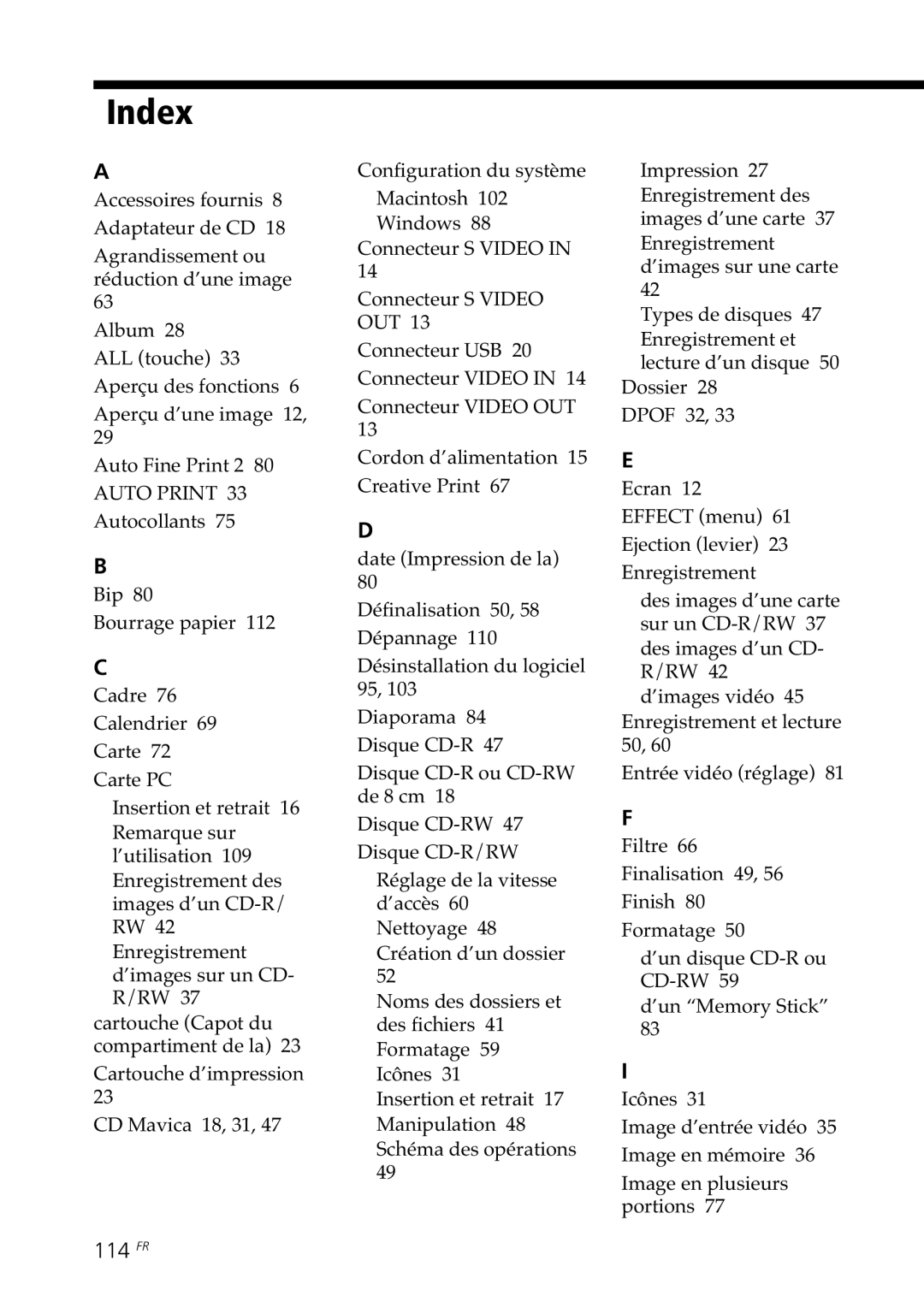 Sony DPP-SV88 operating instructions Index, 114 FR 