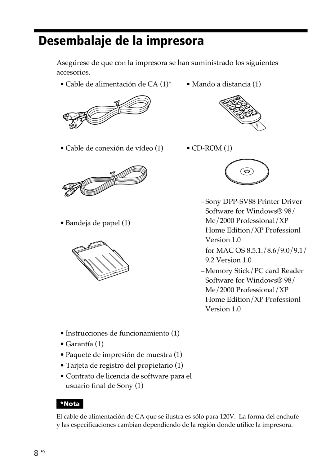 Sony DPP-SV88 operating instructions Desembalaje de la impresora 