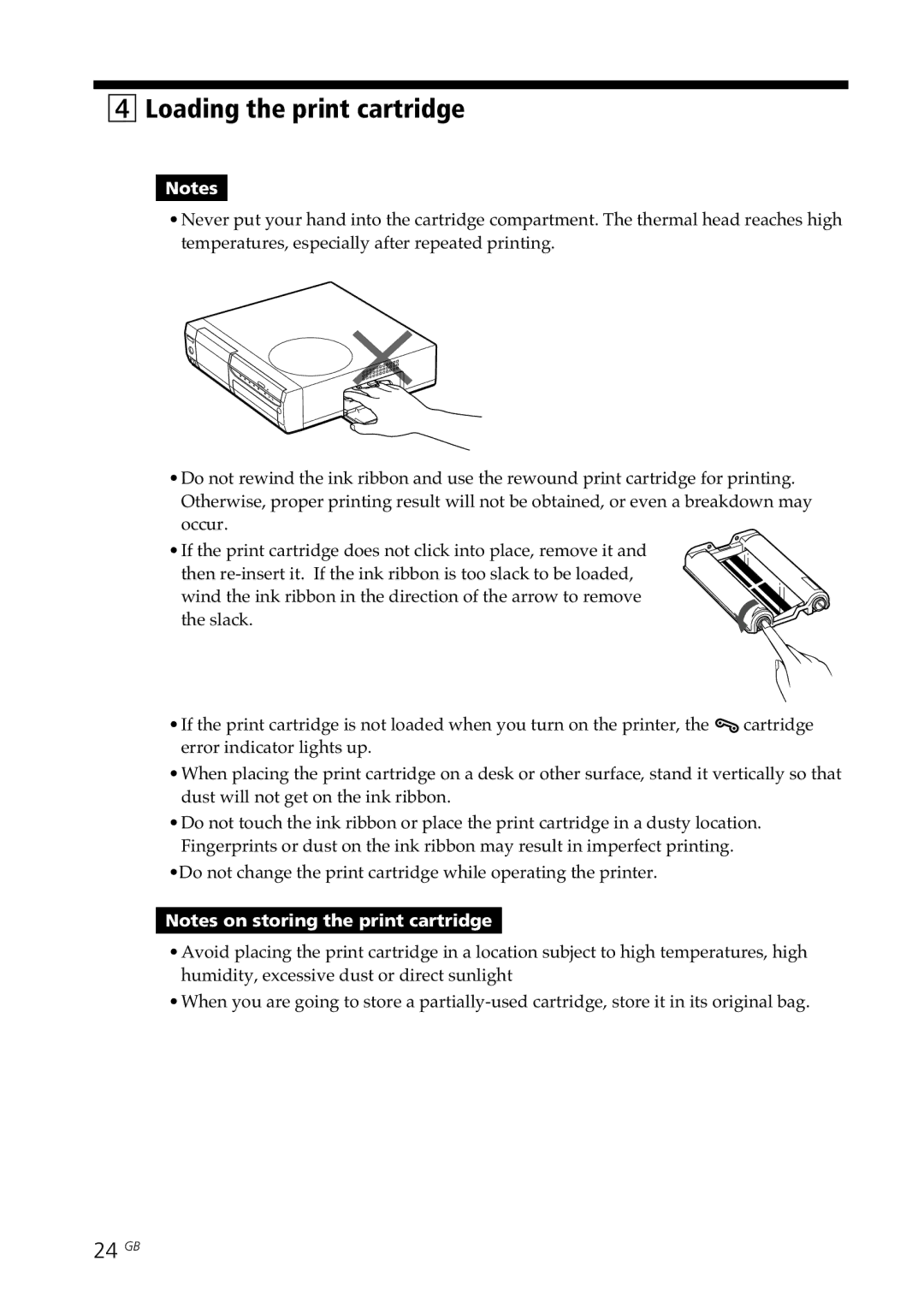 Sony DPP-SV88 operating instructions Loading the print cartridge, 24 GB 