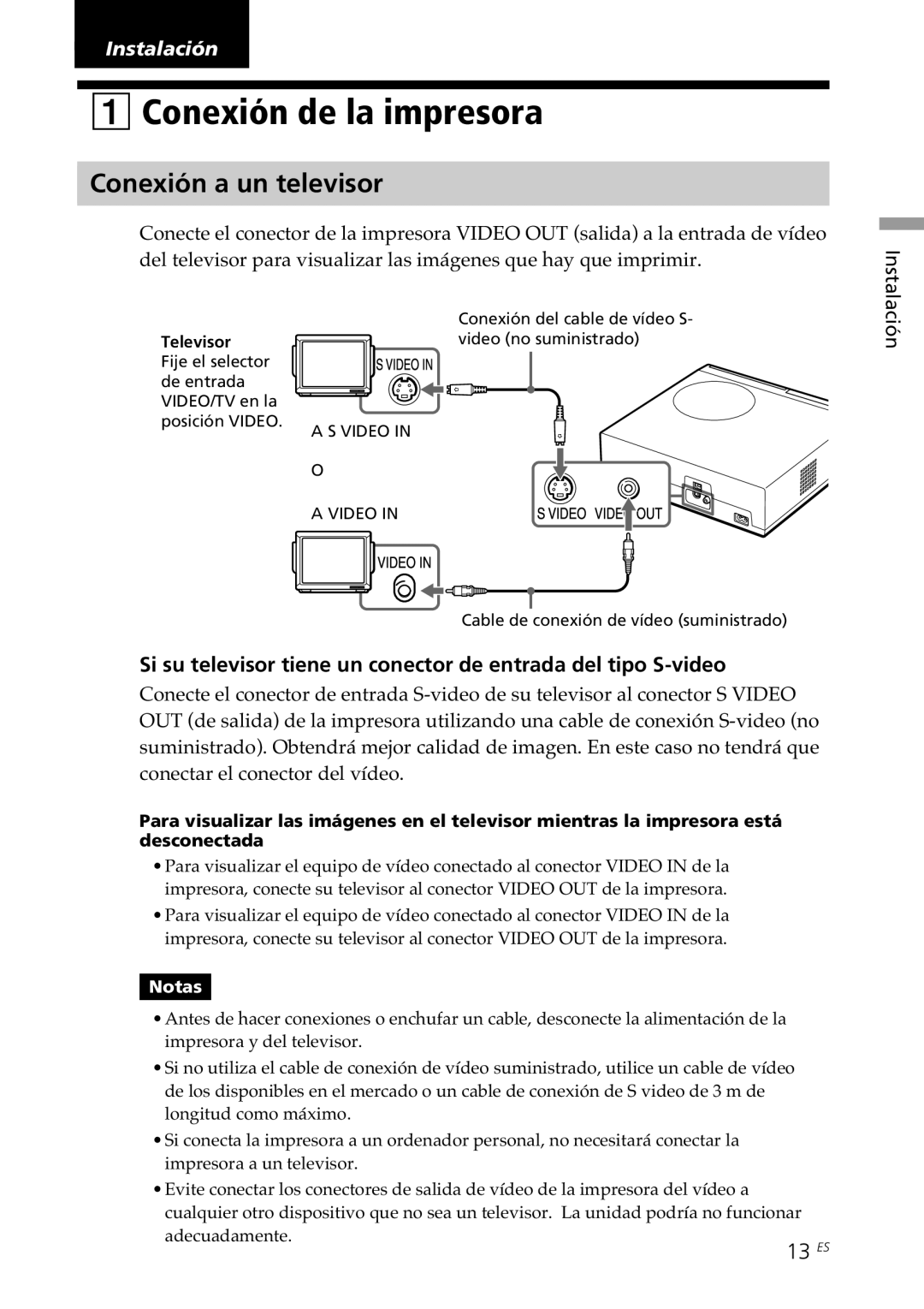 Sony DPP-SV88 operating instructions Conexión de la impresora, Conexión a un televisor, 13 ES 