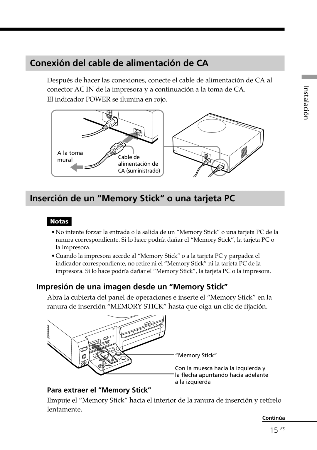 Sony DPP-SV88 Conexión del cable de alimentación de CA, Inserción de un Memory Stick o una tarjeta PC, 15 ES 