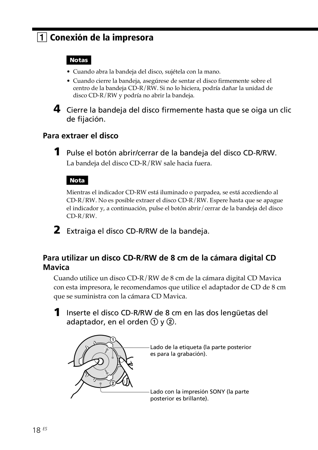 Sony DPP-SV88 Para extraer el disco, Pulse el botón abrir/cerrar de la bandeja del disco CD-R/RW, 18 ES 