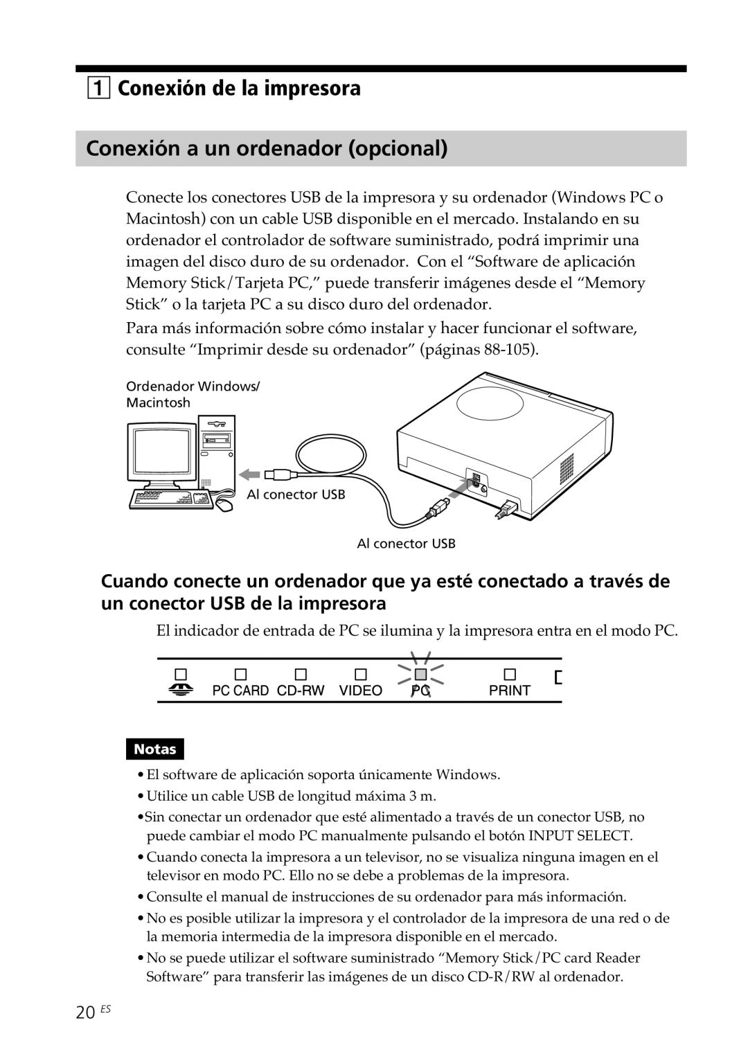 Sony DPP-SV88 operating instructions Conexión de la impresora Conexión a un ordenador opcional, 20 ES 