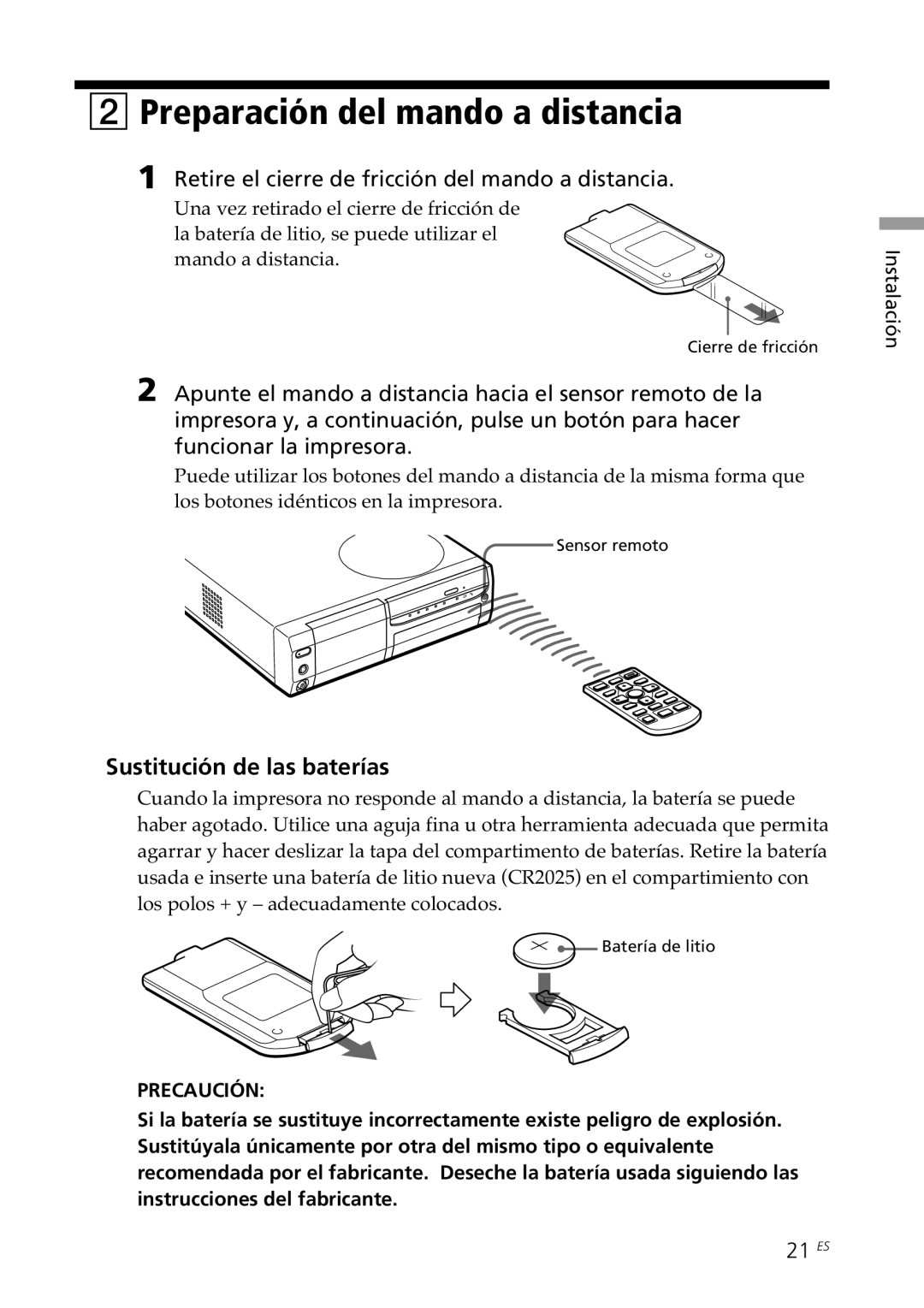 Sony DPP-SV88 operating instructions Preparación del mando a distancia, Sustitución de las baterías, 21 ES 