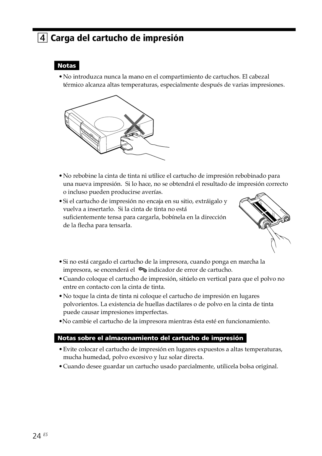 Sony DPP-SV88 operating instructions Carga del cartucho de impresión, 24 ES 