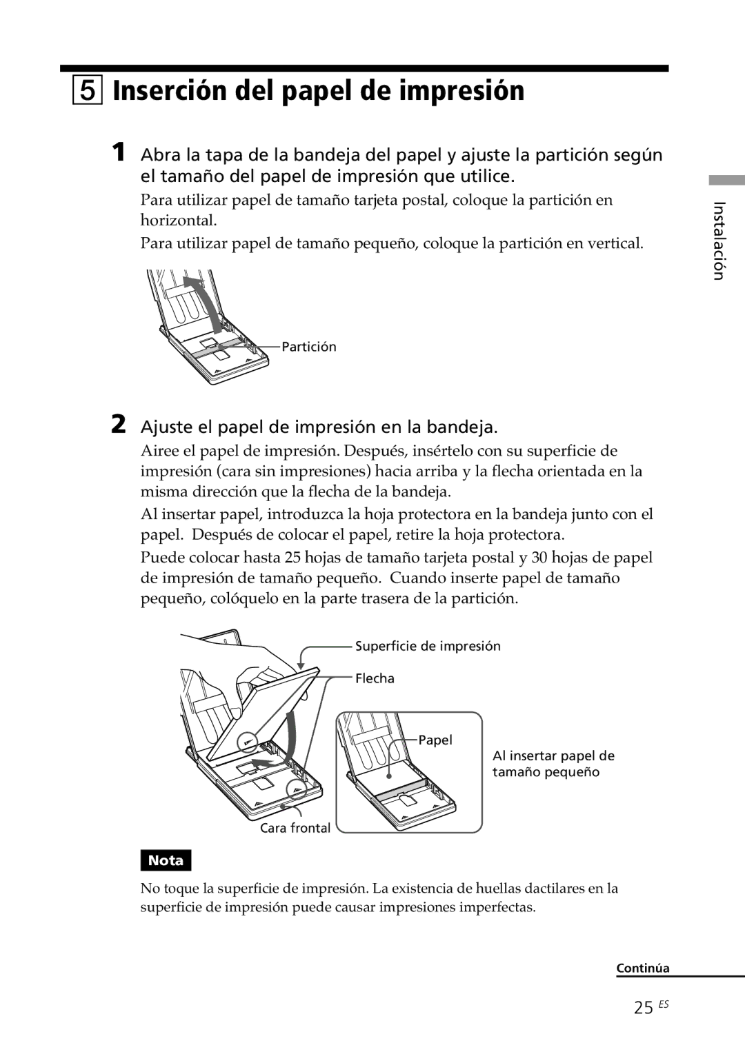 Sony DPP-SV88 operating instructions Inserción del papel de impresión, Ajuste el papel de impresión en la bandeja, 25 ES 