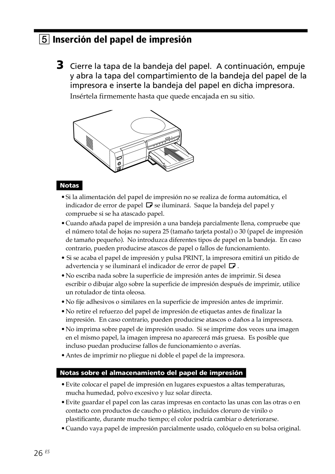 Sony DPP-SV88 Inserción del papel de impresión, 26 ES, Insértela firmemente hasta que quede encajada en su sitio 