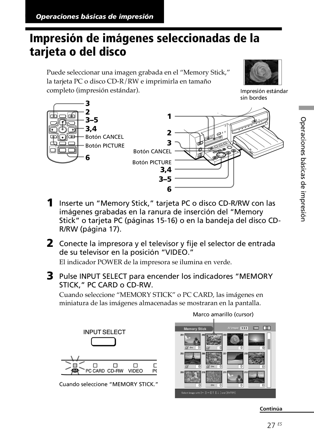 Sony DPP-SV88 operating instructions 27 ES, El indicador Power de la impresora se ilumina en verde 