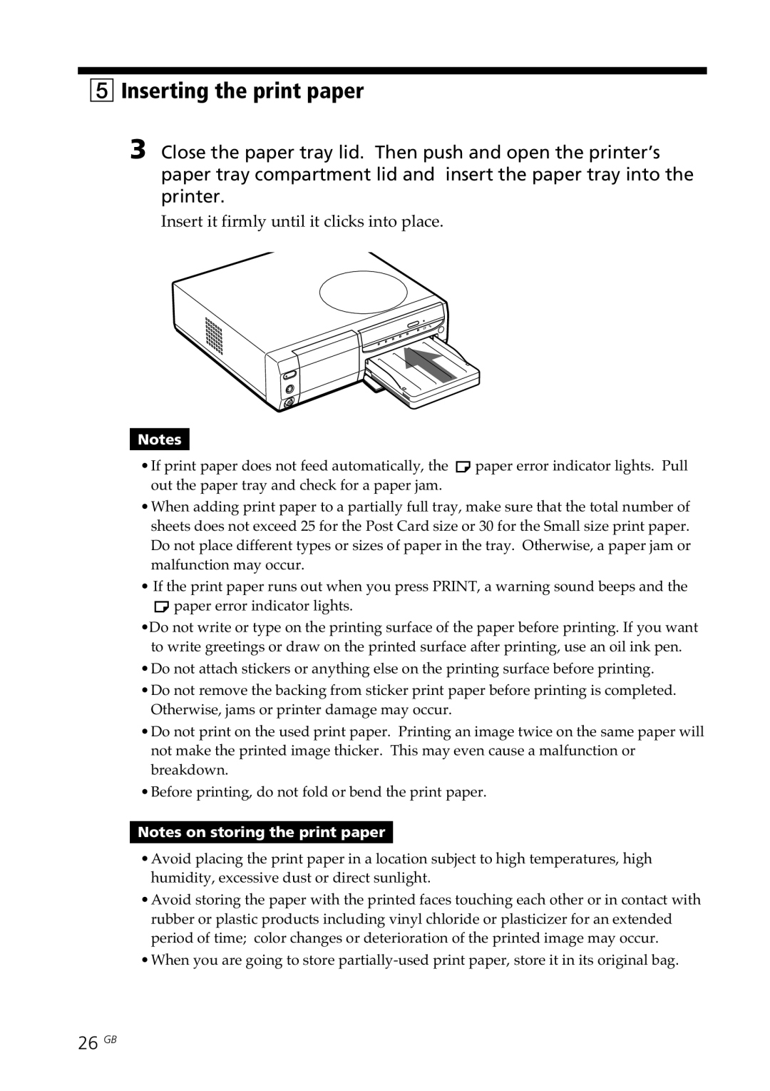 Sony DPP-SV88 operating instructions Inserting the print paper, 26 GB, Insert it firmly until it clicks into place 