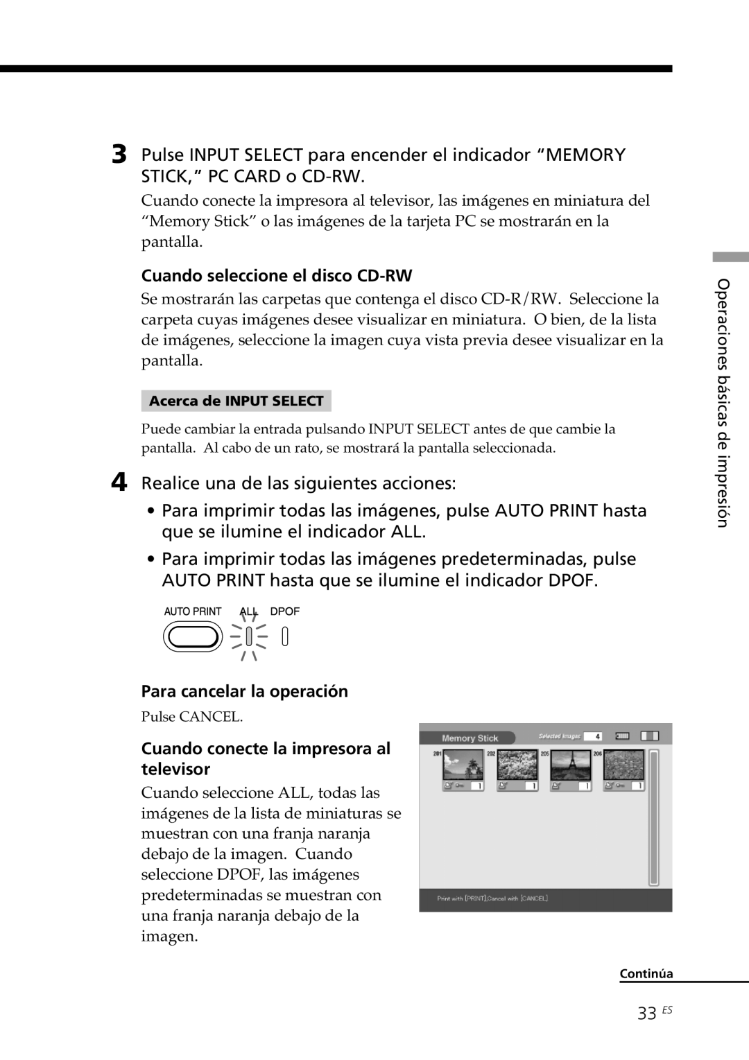 Sony DPP-SV88 operating instructions Para cancelar la operación, Cuando conecte la impresora al televisor, 33 ES 