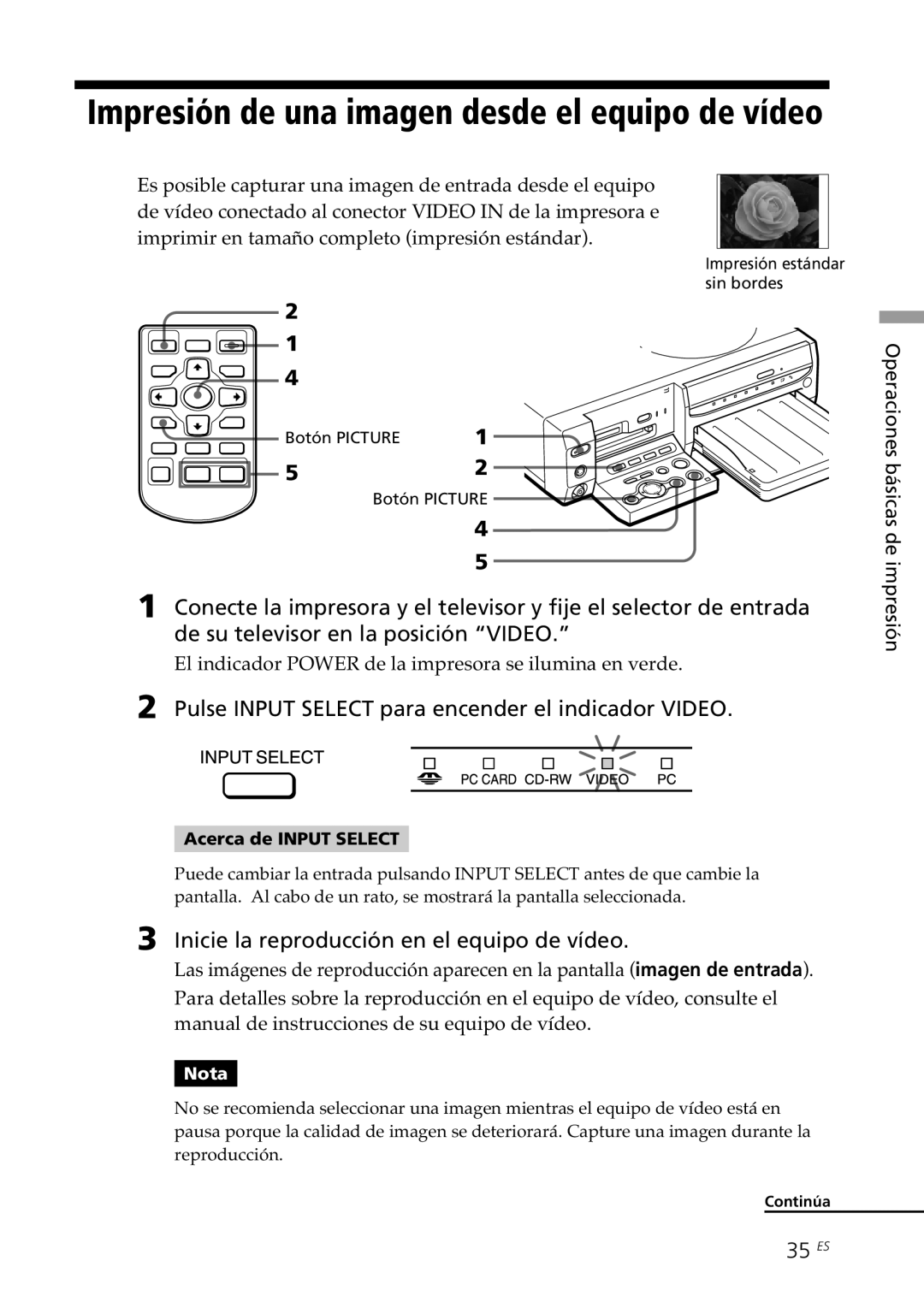 Sony DPP-SV88 Pulse Input Select para encender el indicador Video, Inicie la reproducción en el equipo de vídeo, 35 ES 