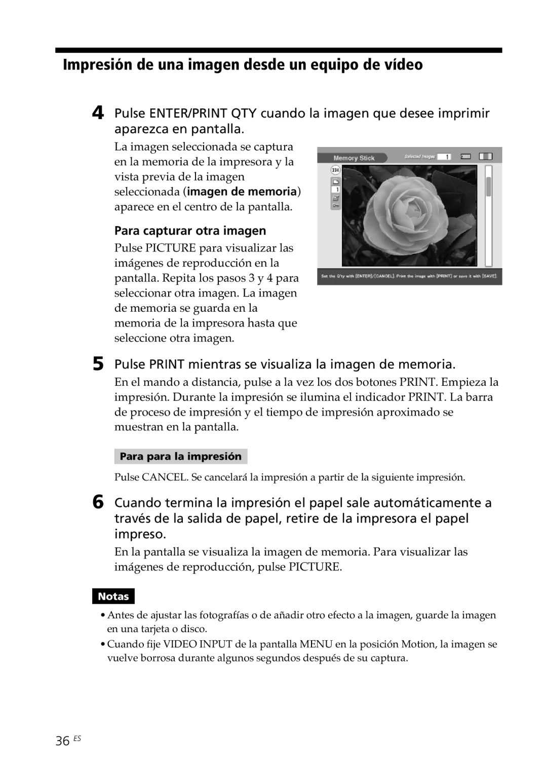 Sony DPP-SV88 Impresión de una imagen desde un equipo de vídeo, Para capturar otra imagen, 36 ES, Para para la impresión 