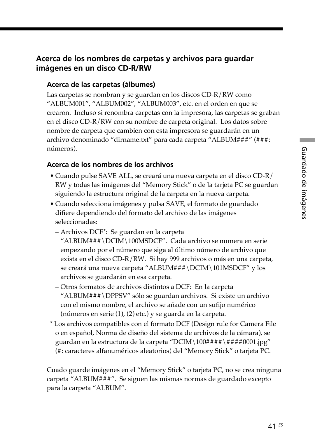 Sony DPP-SV88 operating instructions Acerca de las carpetas álbumes, Acerca de los nombres de los archivos, 41 ES 