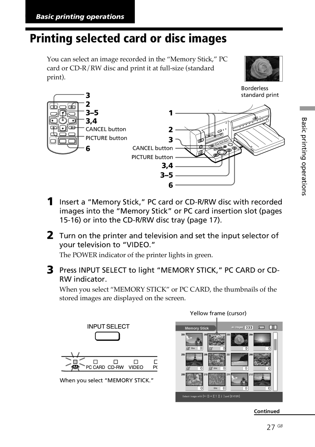 Sony DPP-SV88 Printing selected card or disc images, 27 GB, Power indicator of the printer lights in green 