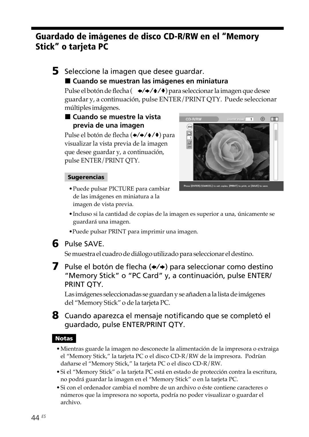 Sony DPP-SV88 operating instructions Cuando se muestran las imágenes en miniatura, 44 ES 