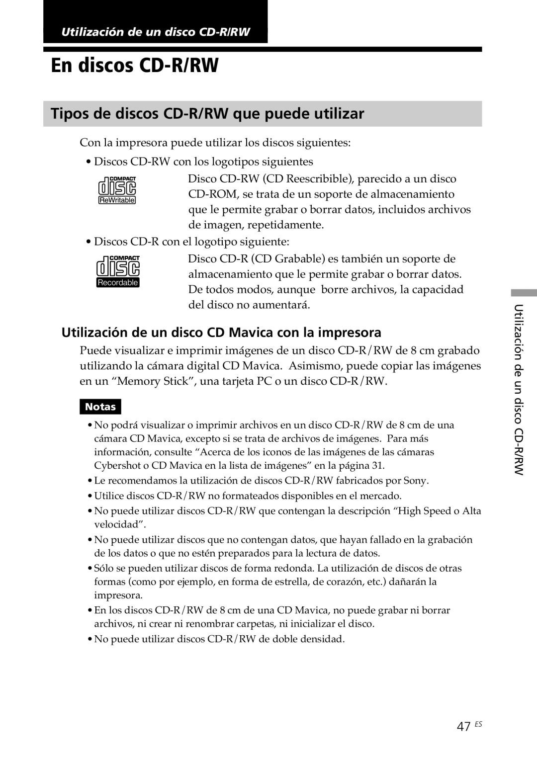 Sony DPP-SV88 operating instructions En discos CD-R/RW, Tipos de discos CD-R/RW que puede utilizar, 47 ES 