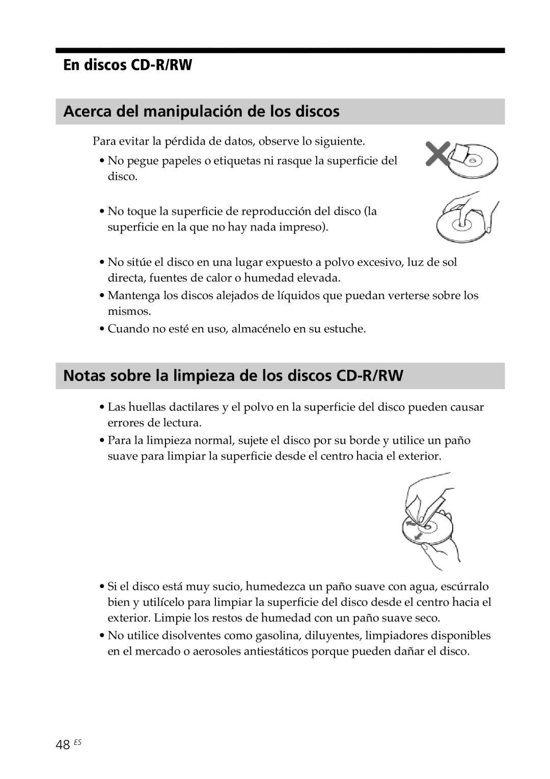 Sony DPP-SV88 En discos CD-R/RW Acerca del manipulación de los discos, Notas sobre la limpieza de los discos CD-R/RW 