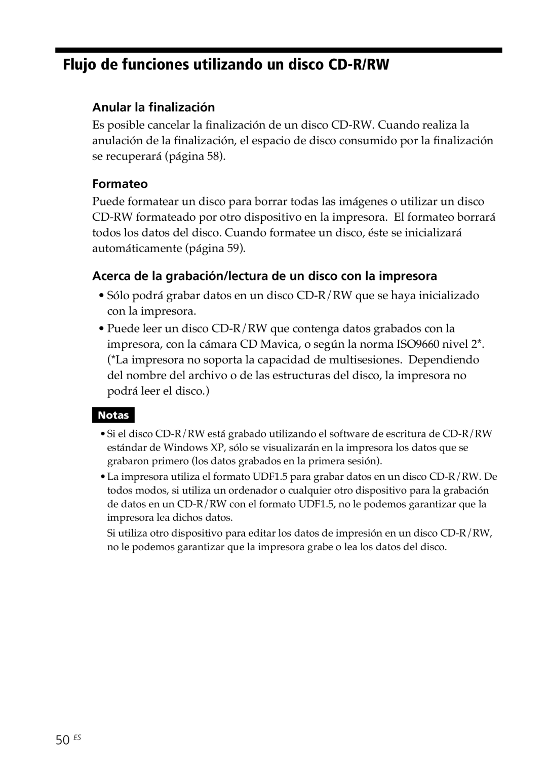 Sony DPP-SV88 Flujo de funciones utilizando un disco CD-R/RW, Anular la finalización, Formateo, 50 ES 