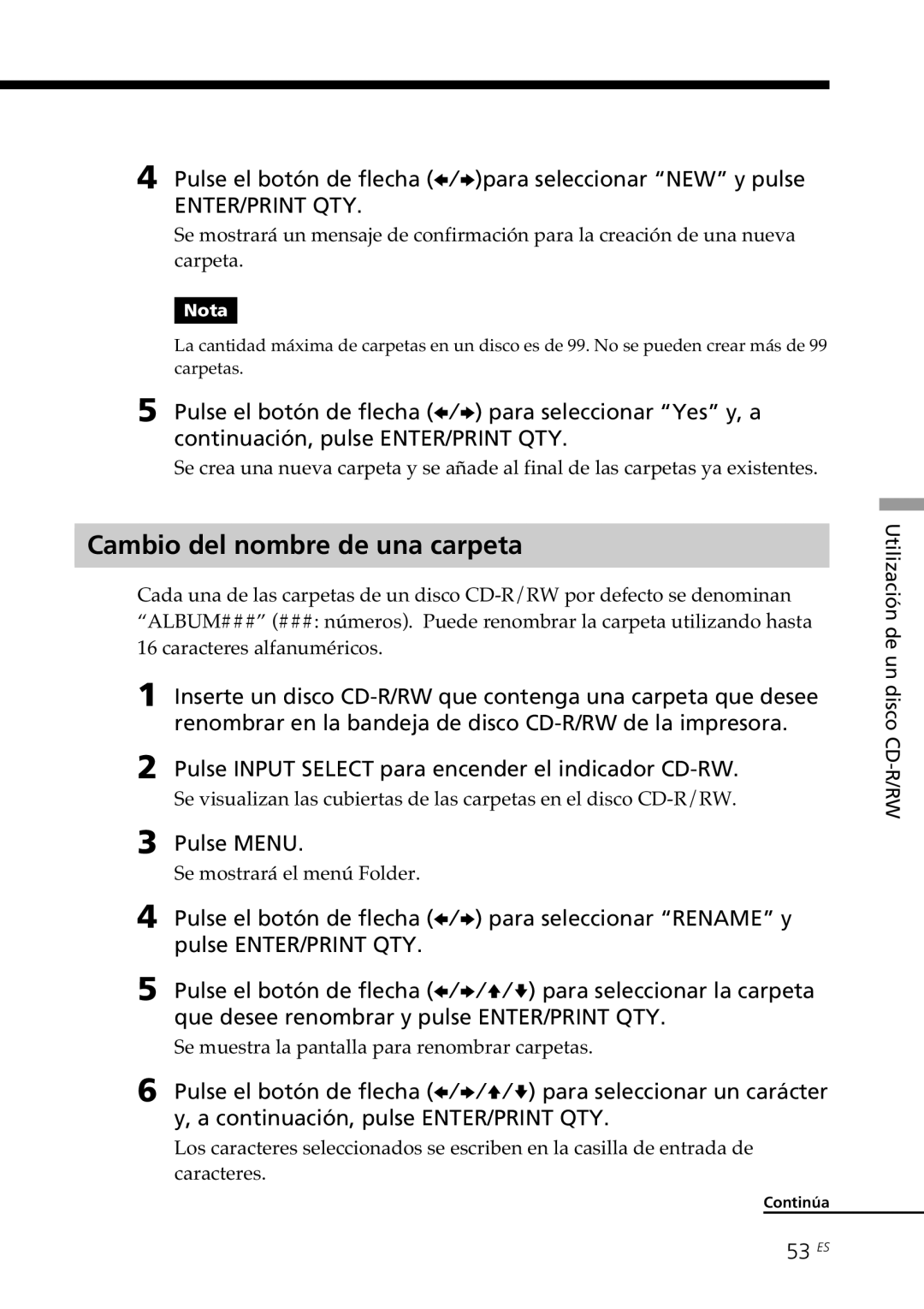 Sony DPP-SV88 Cambio del nombre de una carpeta, Pulse el botón de flecha B/bpara seleccionar NEW y pulse, 53 ES 