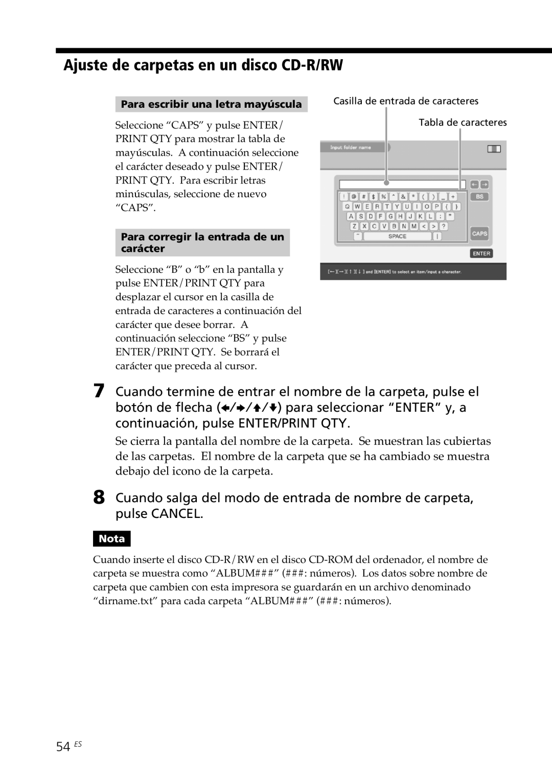 Sony DPP-SV88 operating instructions Ajuste de carpetas en un disco CD-R/RW, 54 ES, Para escribir una letra mayúscula 