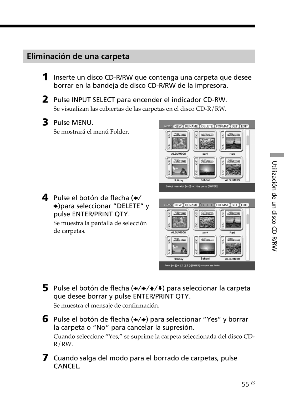 Sony DPP-SV88 Eliminación de una carpeta, Cuando salga del modo para el borrado de carpetas, pulse, 55 ES 