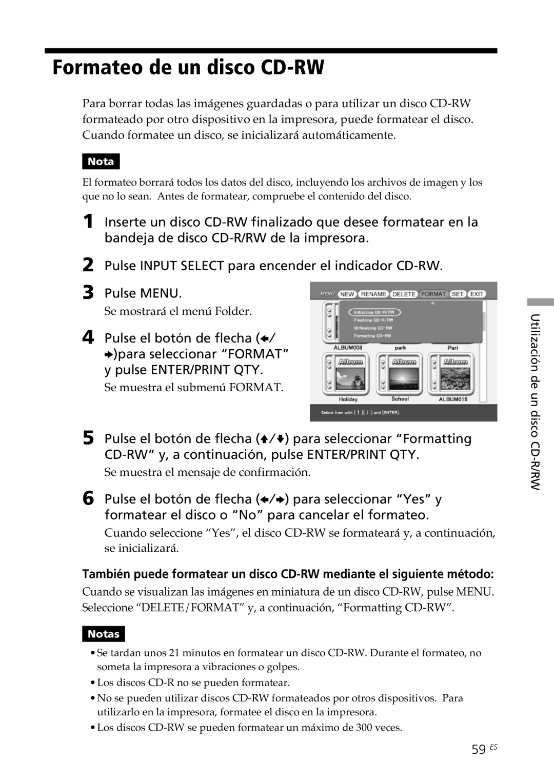 Sony DPP-SV88 operating instructions Formateo de un disco CD-RW, 59 ES 