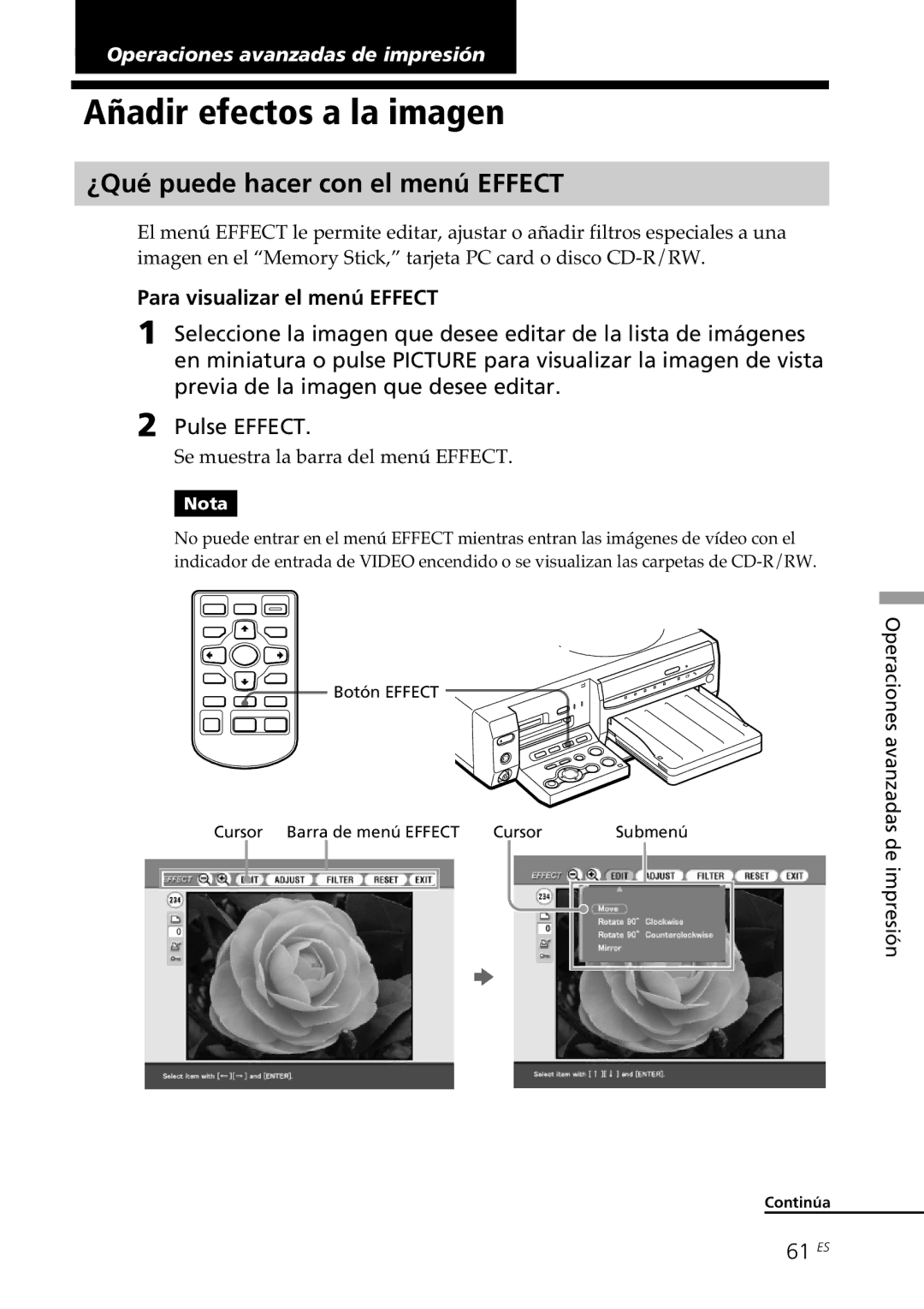 Sony DPP-SV88 Añadir efectos a la imagen, ¿Qué puede hacer con el menú Effect, Para visualizar el menú Effect, 61 ES 