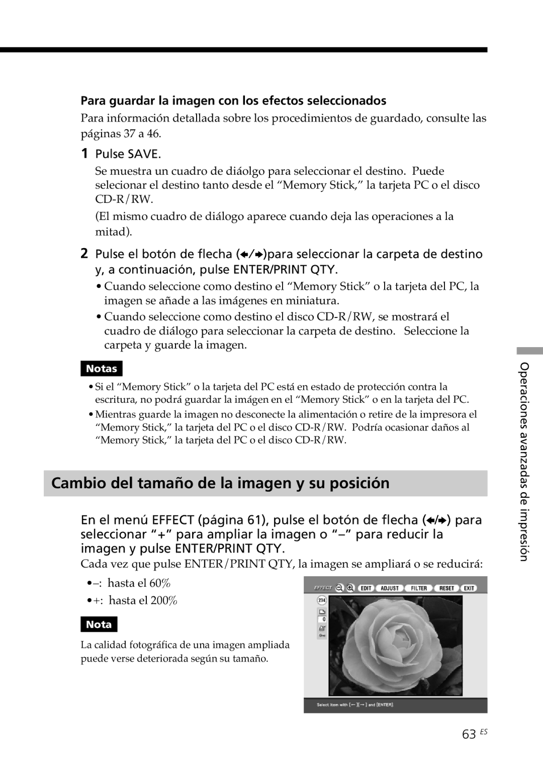 Sony DPP-SV88 Cambio del tamaño de la imagen y su posición, Para guardar la imagen con los efectos seleccionados, 63 ES 