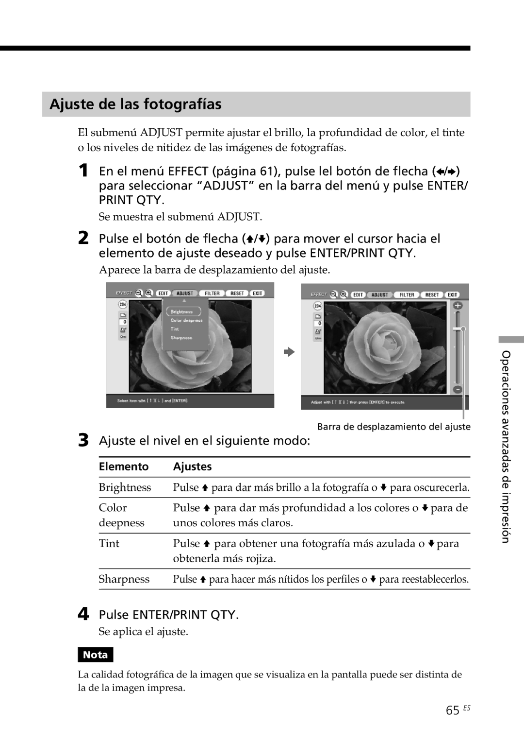 Sony DPP-SV88 Ajuste de las fotografías, Ajuste el nivel en el siguiente modo, 65 ES, Elemento Ajustes 